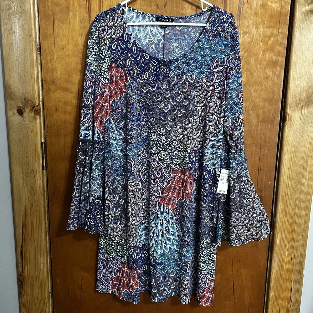 Dress Women's XL Multicolored Boho‎ Flowy Gypsy  Y2K Peacock Bell Sleeve NEW
